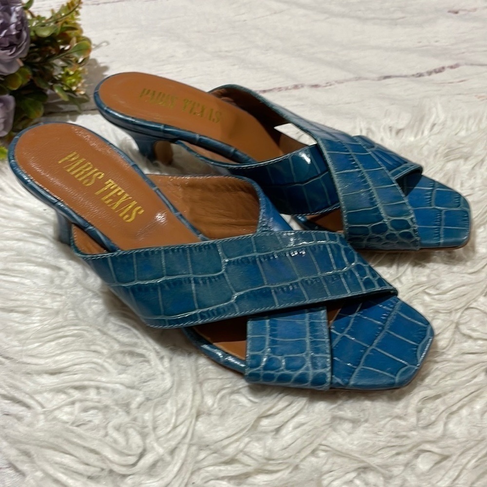 Paris Texas Blue Crocodile Embossed Mule Slide On Heeled Sandals